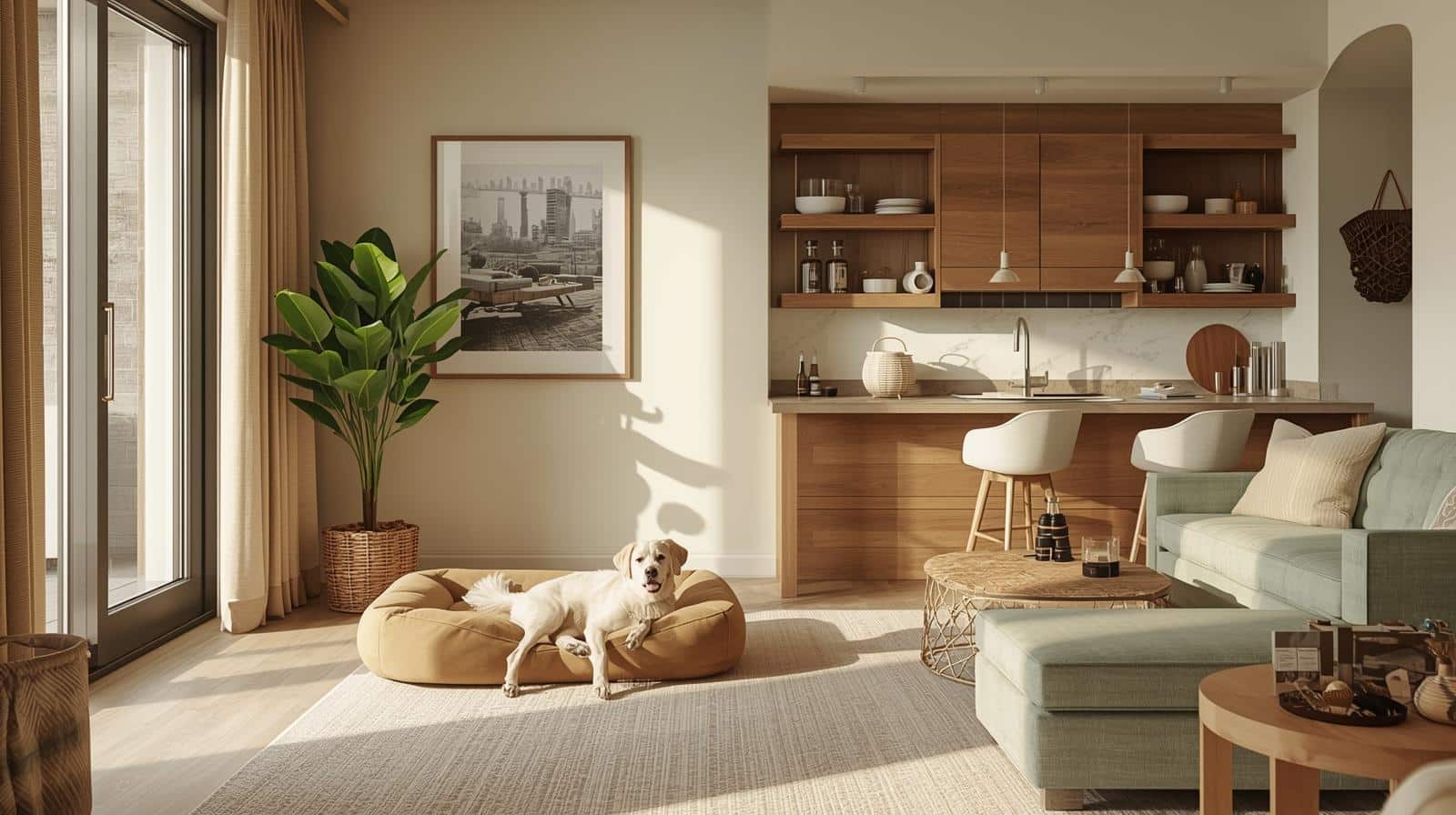 Ein gemütliches Wohnzimmer mit einem Hund auf einem Teppich, einem Sofa und einer Küche im Hintergrund. Die Szene ist hell und einladend.