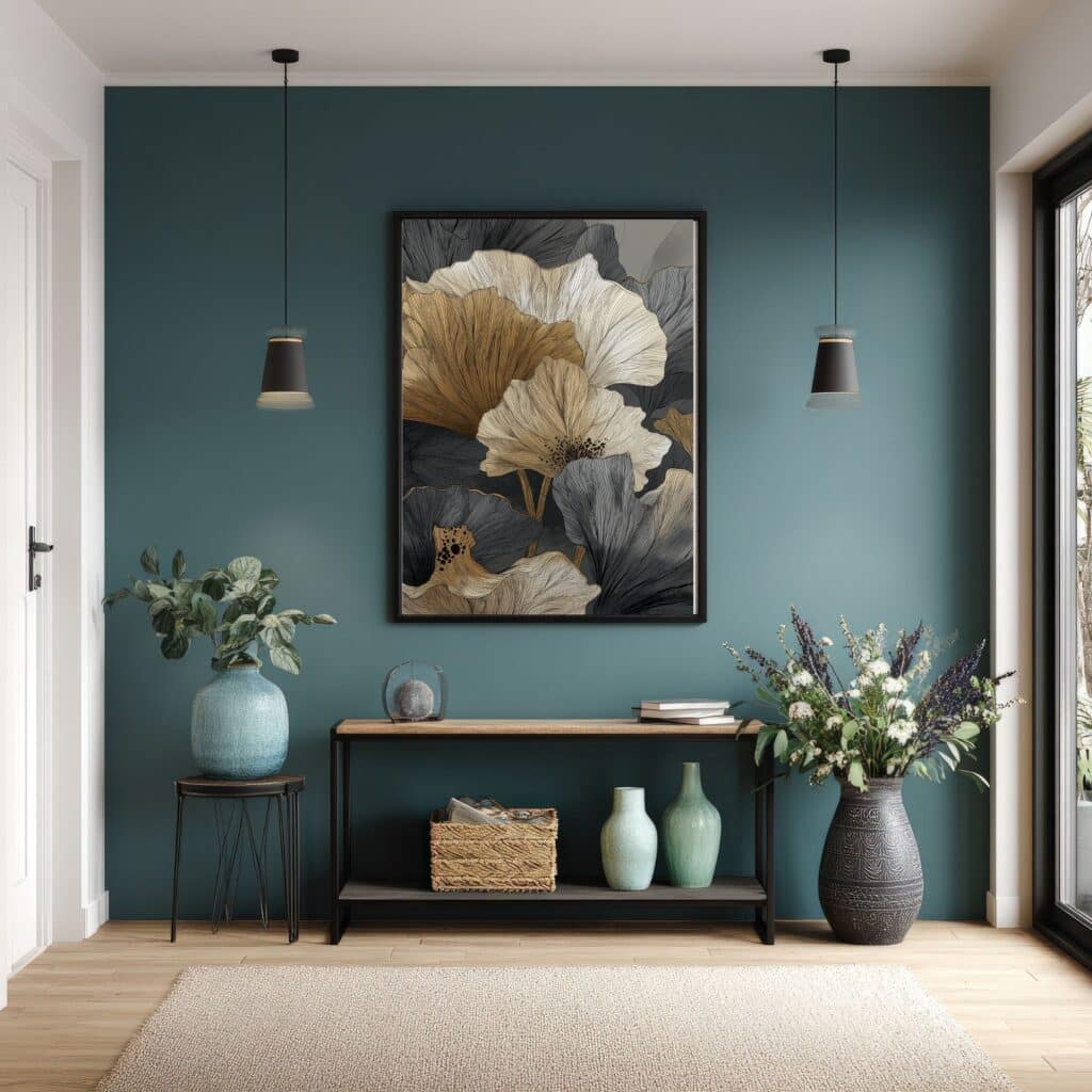 Ein Eingangsbereich mit einer großen Pflanze, einer Konsole und einem großen Bild an der Wand. Der Raum ist in hellen Farben gehalten.
