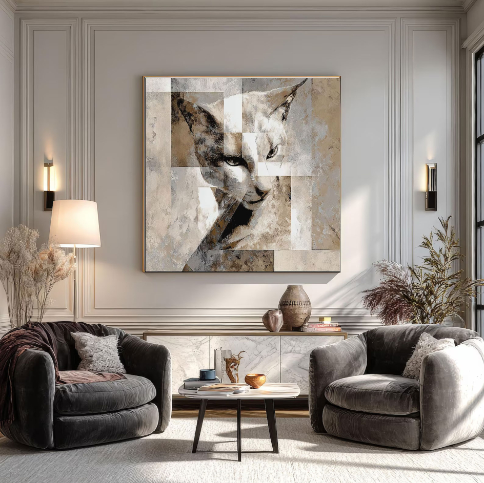 Ein gemütliches Wohnzimmer mit zwei grauen Sesseln, einem kleinen Tisch und einem großen, abstrakten Gemälde an der Wand. Die Einrichtung ist modern und stilvoll.